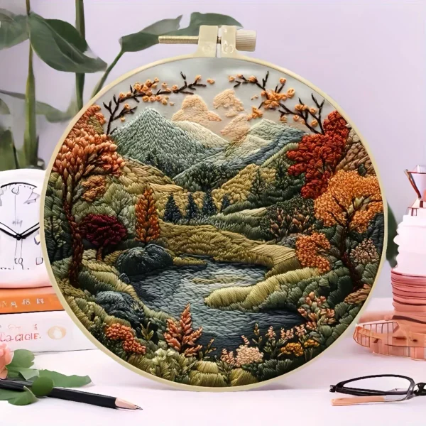 Embroidery Kits Mountain Moon Landscape Fabric Gift Included